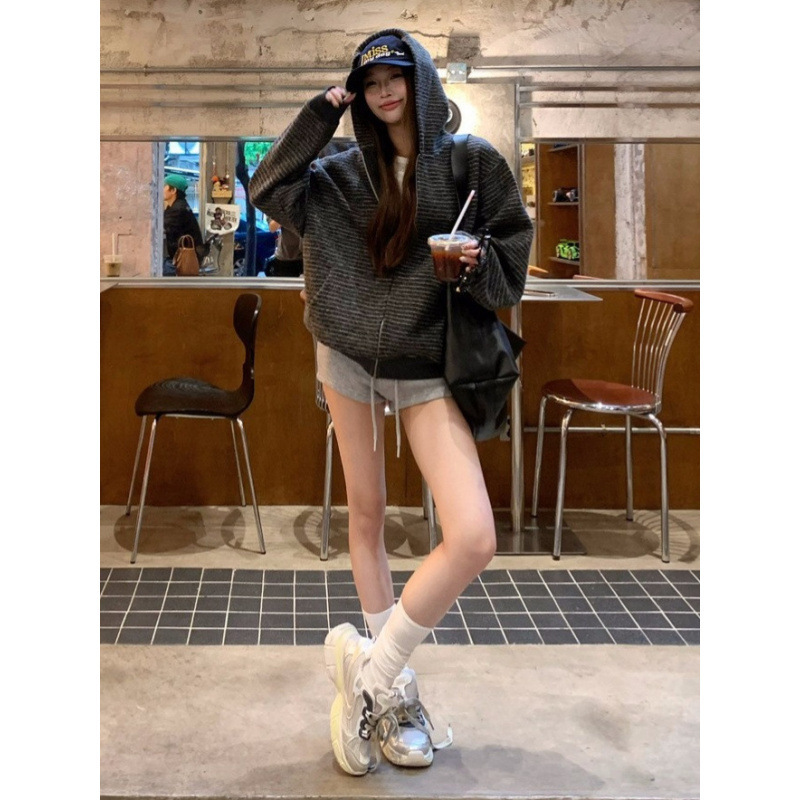 美式复古韩系连帽卫衣外套女秋季慵懒风宽松条纹撞色开衫百搭上衣|undefined