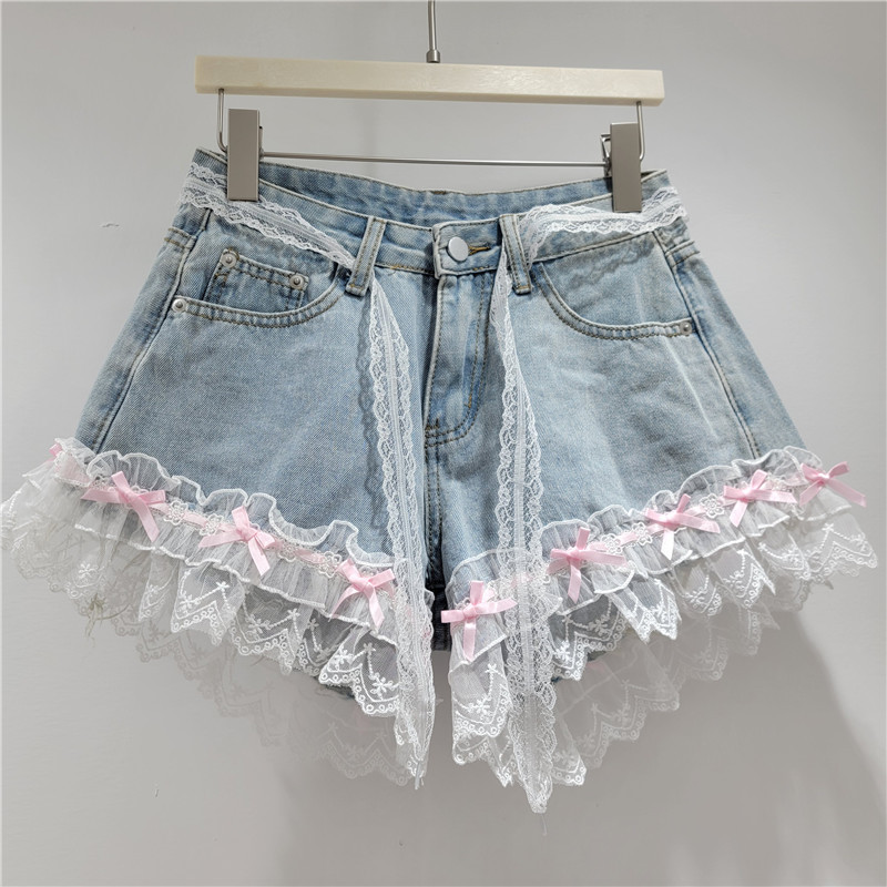 Pantalones Cortos de Mezclilla con Encaje de Mezclilla, Tiro Alto y Detalle de Encaje, para Verano image 2