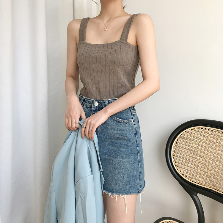 Refreshing knitted camisole top with bottom lining, short flat top, loose sleeveless vest, summer women's clothing_voghion.com
