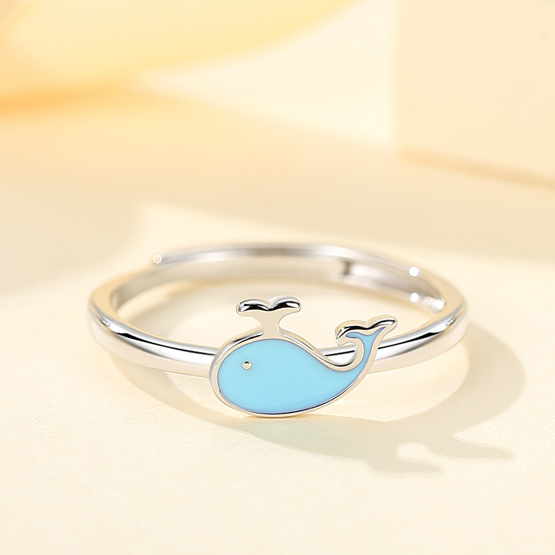 S925 plata esterlina pequeño animal anillo hembra dibujos animados pequeña ballena delfín anillo simple temperamento abierto anillo femenino al por mayor