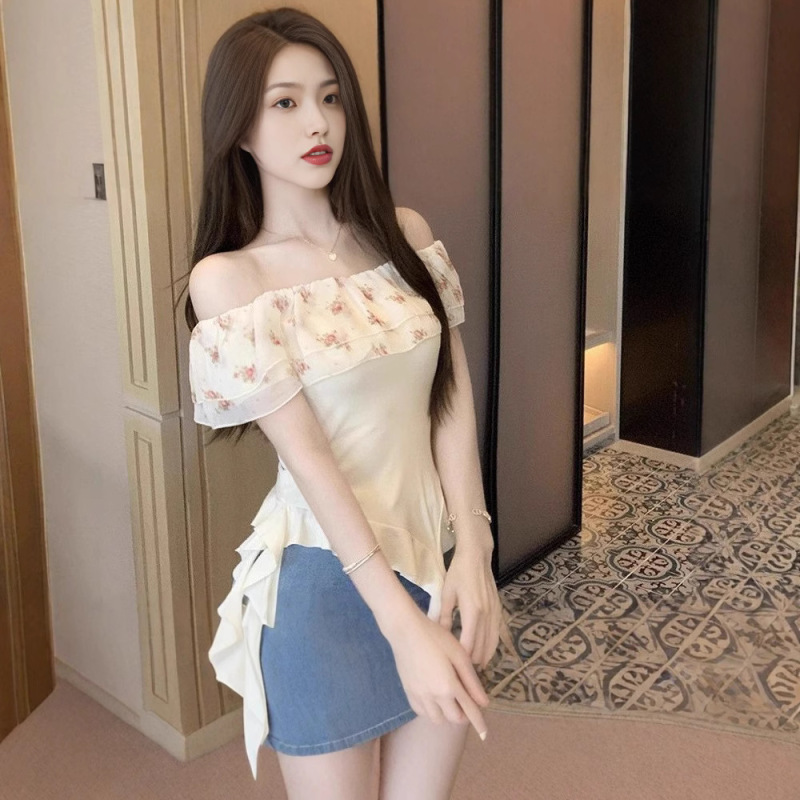 Sweet Floral Ruffle Patchwork Asymmetric Women's Shirt Niche Off-Shoulder Summer Unique Sweet Top Sweet Floral Ruffle Patchwork Asymmetric Women's Shirt Niche Off-Shoulder Summer Unique Sweet Top