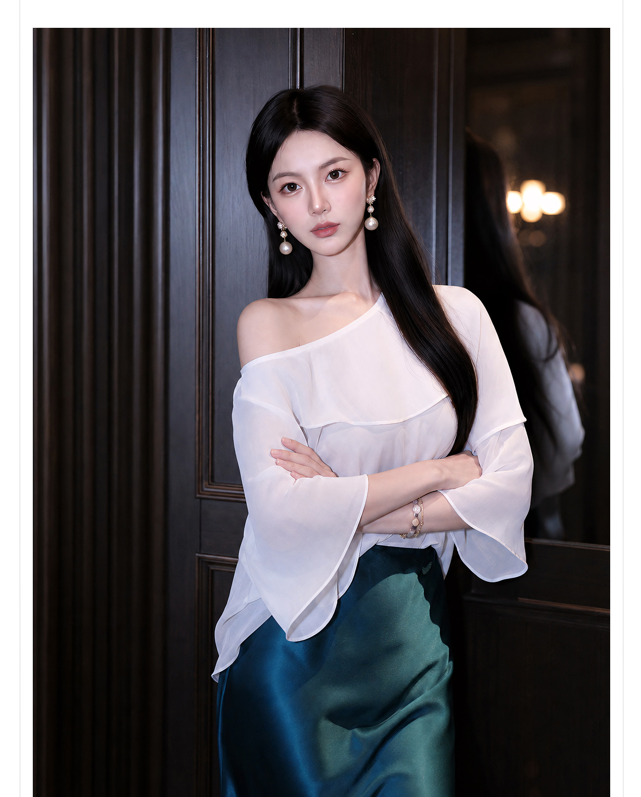 Áo sơ mi nữ cổ yếm tay ngắn phối ren trắng ngà — màu trắng ngà chi tiết 5