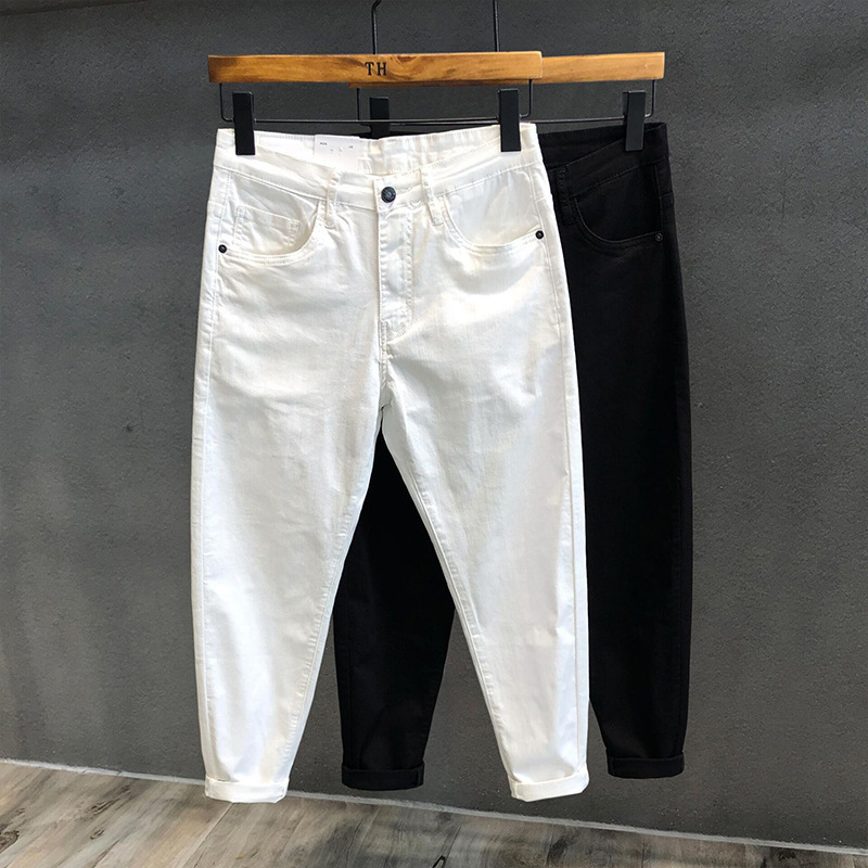 Summer New Stretch Trendy Brand White Jeans Men's Slim-fit Skinny Korean Style Trendy High-end Ankle-length Pants Men's Wear