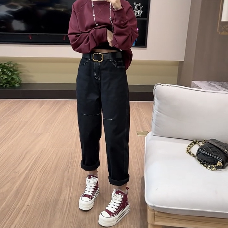 plus size fleece-lined Harlan Jeans Women's Autumn and Winter 2024 New Small Pants chubby girl Slim Dad Pants