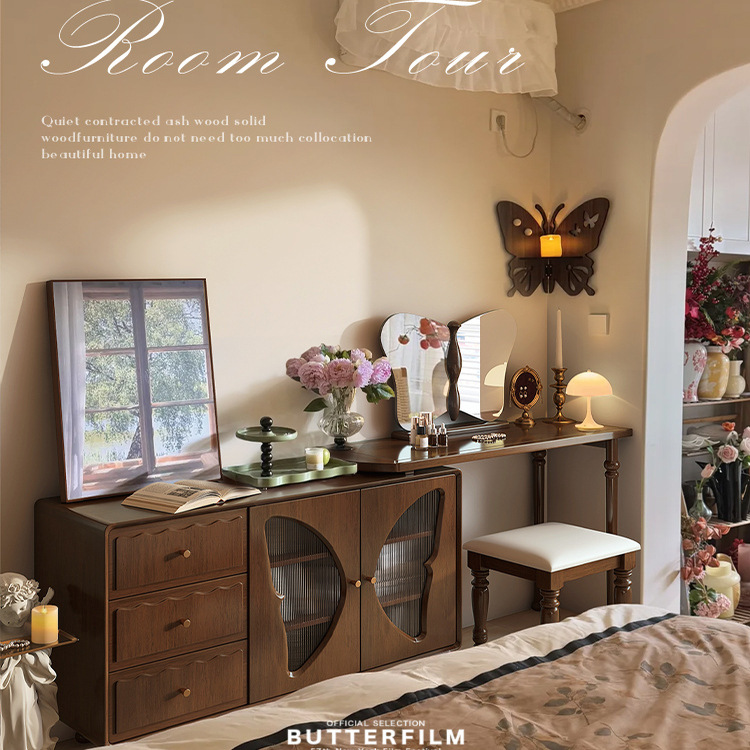 French Retro Solid Wood Dresser and Cupboard Integrated Mid-Century Style Bedside Cabinet Small Bedroom Corner Makeup Table