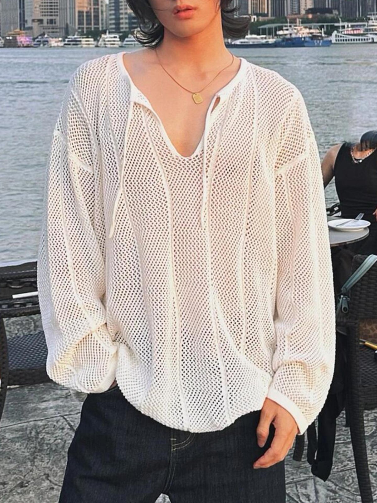 Herren Grobstrick Pullover Mit V-ausschnitt Langarm Strandhemd_voghion.com