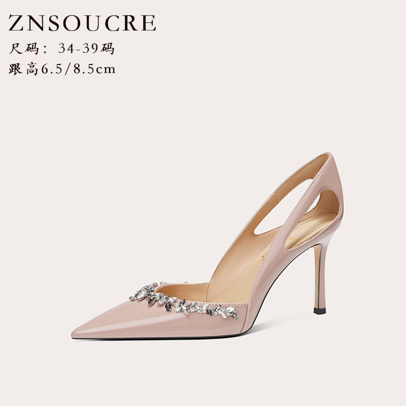 708-C61 Hollow Summer Pointed Design Sense Single Shoes Sheepskin Elegant Daily Banquet Women's Shoes Bright Diamond High Heels