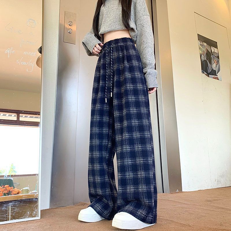 新款复古格子裤女2025春秋休闲高腰百搭直筒宽松拖地格纹阔腿裤子|undefined