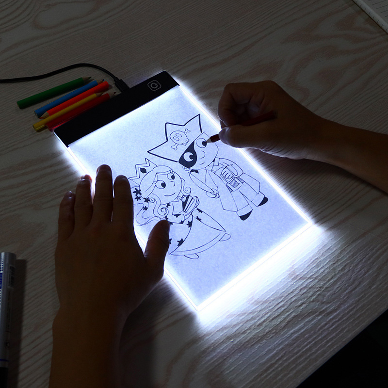 Amazon caliente A4 copia escritorio LED tablero luminoso copia de dibujos animados y escritorio pintura tablero de dibujo ventas directas de la fábrica