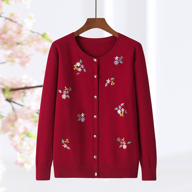 Мама одежда с круглым вырезом вышитый трикотажный кардиган для пожилых женщин с длинными рукавами тонкий топ для модного свитера среднего возраста
