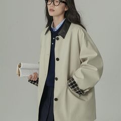 秋季时尚新款撞色复古百搭质感皮领拼接中长款风衣外套女