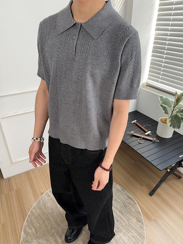 アメリカン小麦柄ニット半袖メンズ夏クリーンフィットオールドマネースタイルヘンリーカラーTシャツポロシャツトップ|undefined
