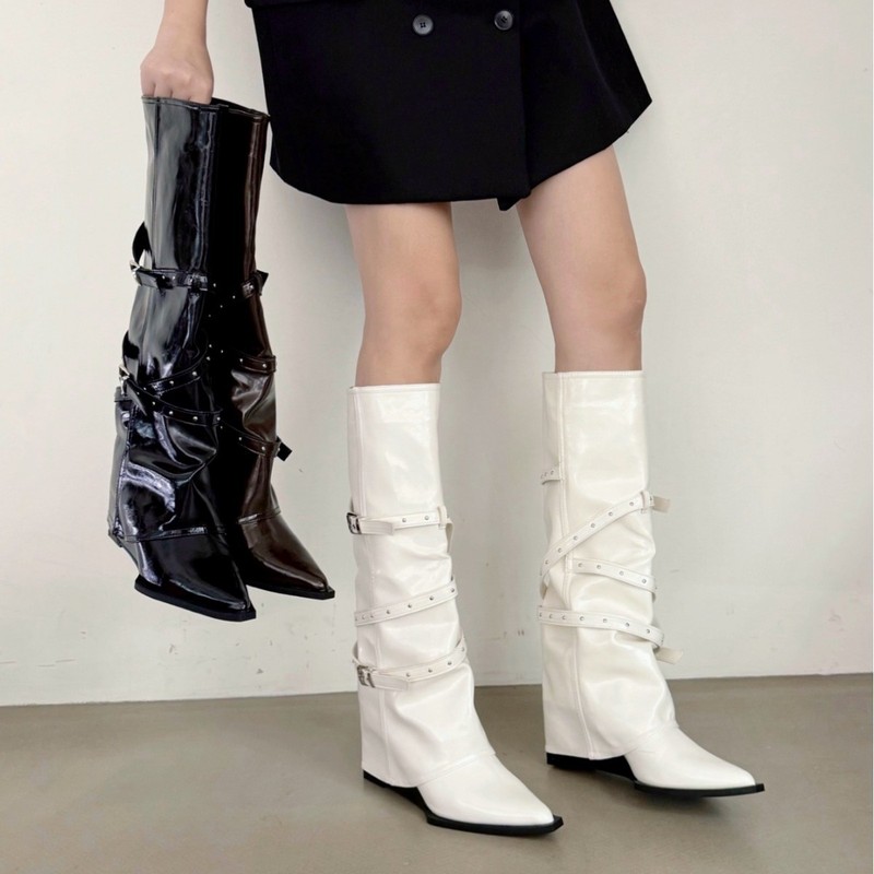 辣妹风尖头坡跟长筒靴女2025年新款铆钉皮带扣不过膝高跟裤管长靴|undefined