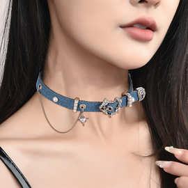 牛仔系列桃心扣头蓝色choker项圈女设计感颈链辣妹亚文化锁骨链潮