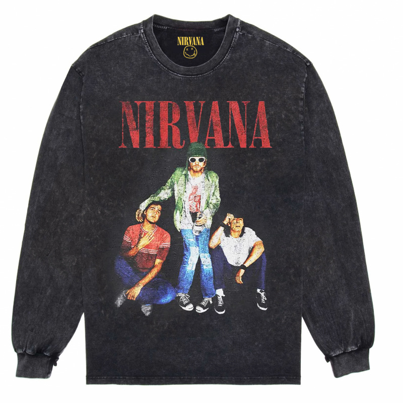 Nirvana Vintage American retro apenado rock punk angustiado lavado batik Camiseta de manga larga