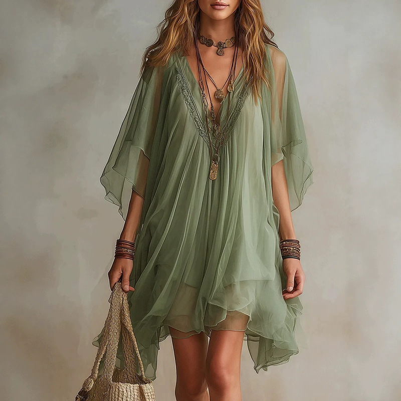 2026 Summer New European and American Women's V-neck Chiffon Dress for Beach Vacation, Loose Cover-up Beach Dress