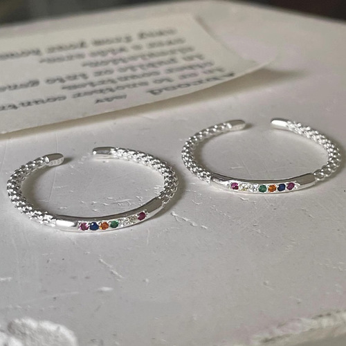 细圈叠戴彩色锆石戒指女个性气质简约冷淡风S925银开口指环食指戒