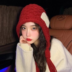 2025新款流苏针织帽子女秋冬季时尚贴布显脸小护耳百搭保暖毛线帽