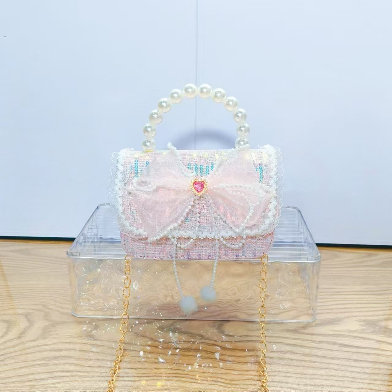 Bolso de la princesa de arco, bolso de mano de perlas, bolso de mano de cadena, bolso de Año Nuevo, bolso de Año Nuevo, regalo del Día de los Niños del 1 de junio