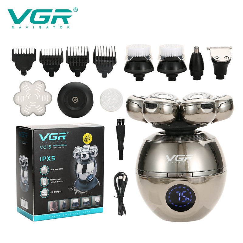 VGR315 five-in-one multifunctional IPX5 spherical shaver digital display base charging shaving head beard nose hair repair device