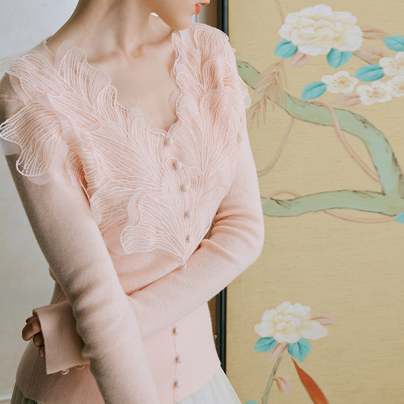 Pink Feathered Cotton Blend Knit Sweater Base Shirt for Women 2025 Spring New Lace Long-Sleeve Top