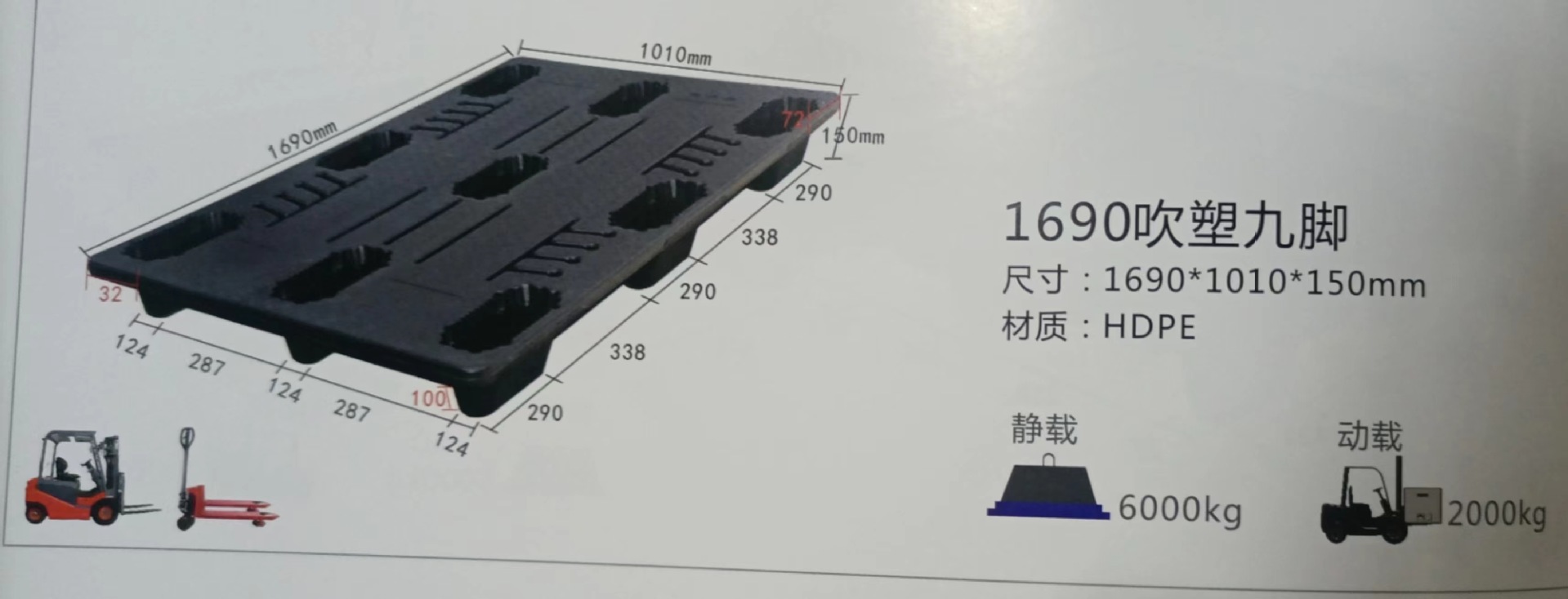 大号吹塑托盘放大物件托盘1690*1010*150mm静载6000kg动载2000kg