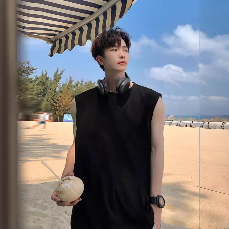 260g Heavy Cotton Wide Shoulder Vest Loose plus size All-match Sweatshirt Simple Solid Color Sports Sleeveless T-shirt for Men and Women