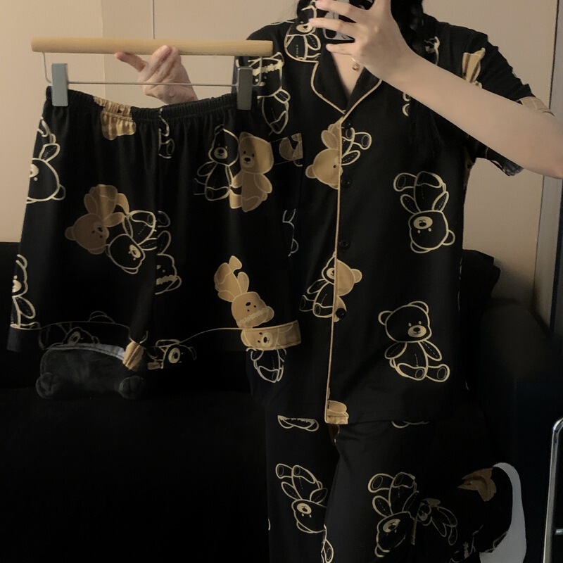 Cross-border Wholesale Cartoon Teddy Bear Couple Pajamas Women's Spring and Autumn Loose Home Clothes Summer Three-piece Outfit