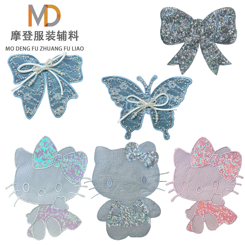 新款卡通图案重工钉珠蝴蝶结电脑刺绣服装辅料kt猫布贴diy配饰贴