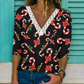 时尚热卖圣诞节万圣节双系列3D印花女士潮流正肩v领宽松T恤