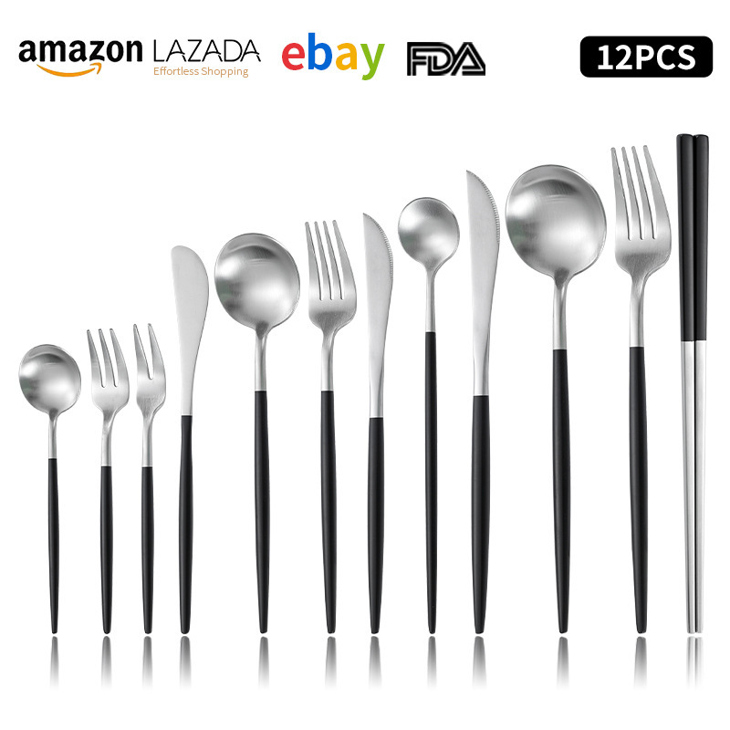 Portuguese 304 Stainless Steel Steak Knife and Fork Western Tableware Thickened Black Silver Dessert Spoon Hotel Restaurant Tableware Set