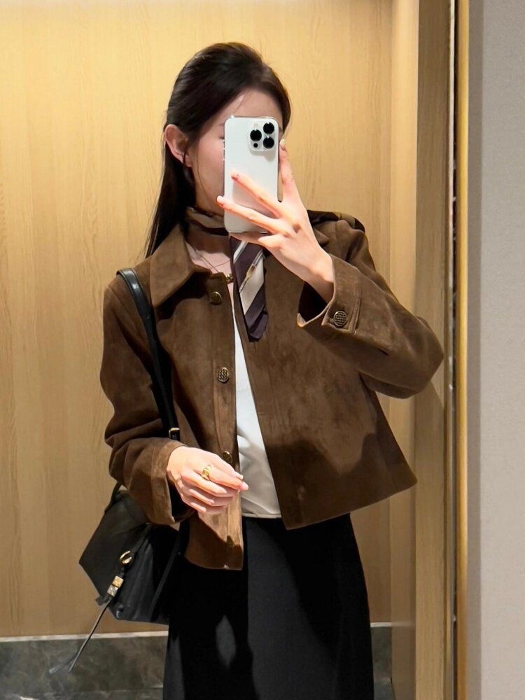 麂皮绒短外套春秋女短款宽松上衣甜酷美式复古小个子棕色薄款夹克