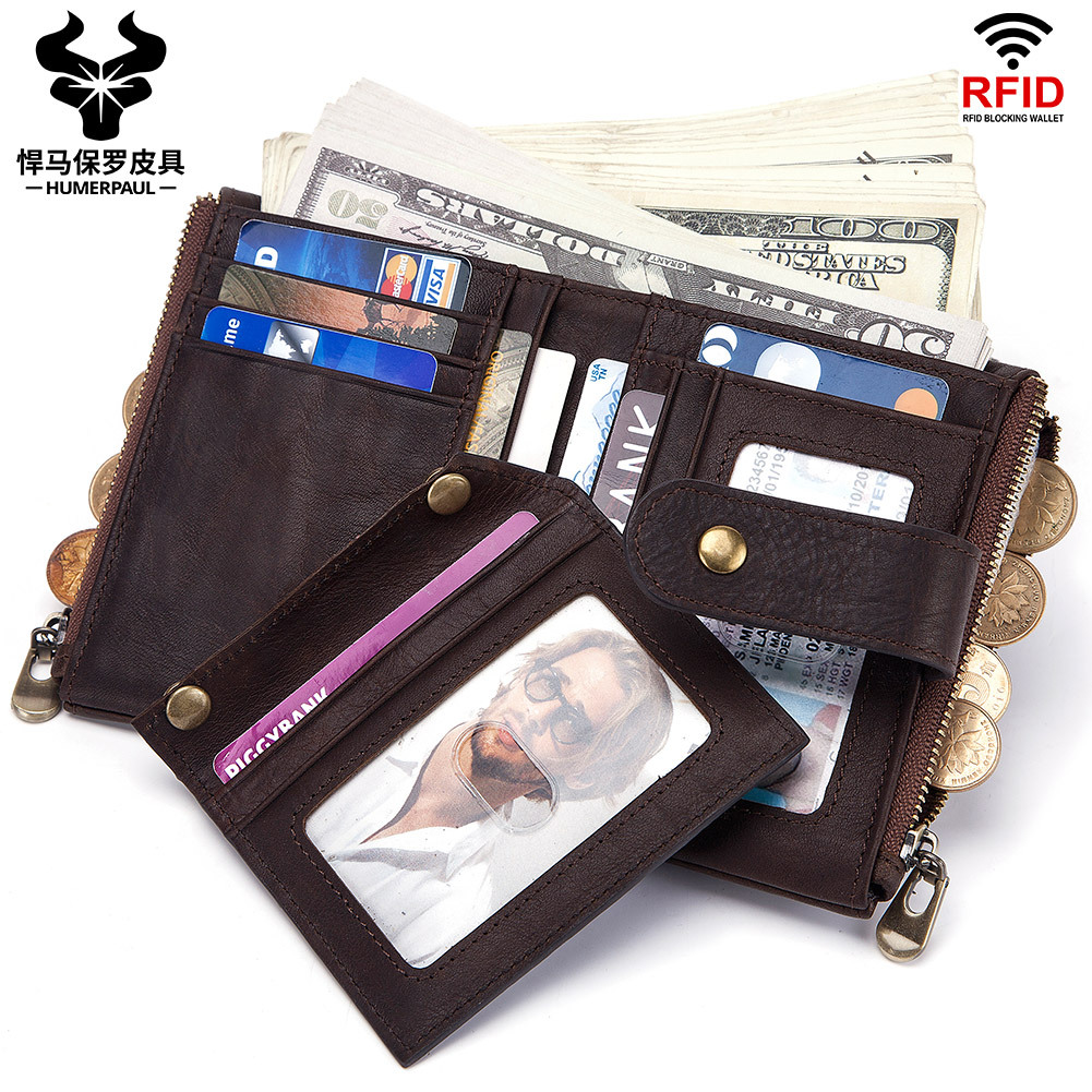RFID防盗刷钱包真皮包多功能搭扣拉链复古疯马牛皮男包休闲零钱包
