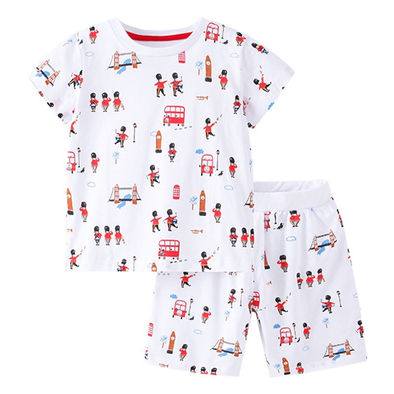 Malwee en stock al por mayor niños traje de verano nuevo impreso cuello redondo hermoso traje de dos piezas de los niños