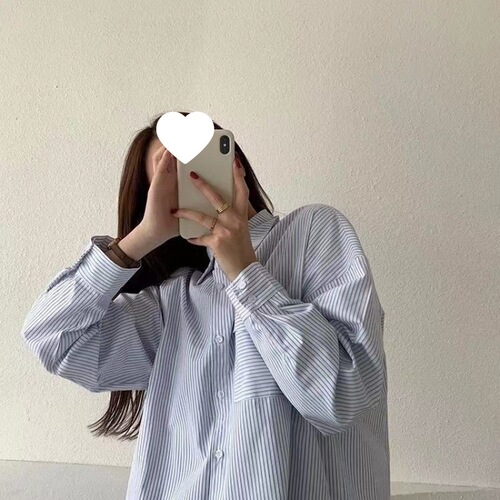 Loose large size blouse Japanese blue striped long-sleeved shirt early autumn new design niche temperament blouse