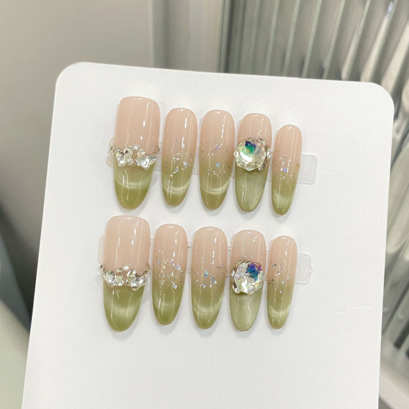 [Clear Guava] Matcha Green Smile Cat Eye Gradient Diamond Removable Manicure Fake Nails Handmade Wearable Nails