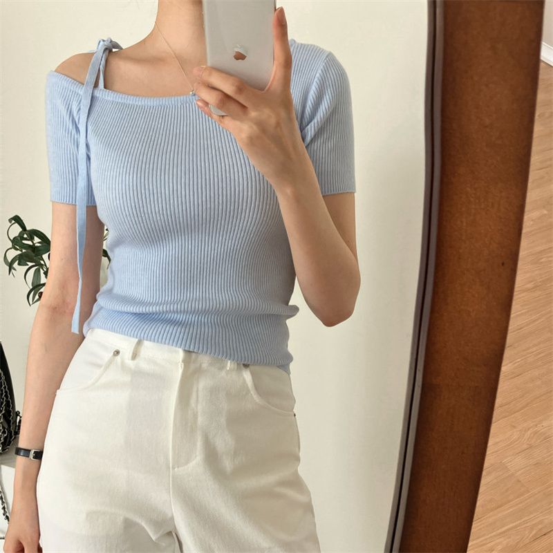 Summer New Light Mature French Style Chic Niche Shoulder Strap Design Striped Slim-fit All-match Short-sleeve Sweater for Women Summer New Light Mature French Style Chic Niche Shoulder Strap Design Striped Slim-fit All-match Short-sleeve Sweater for Women