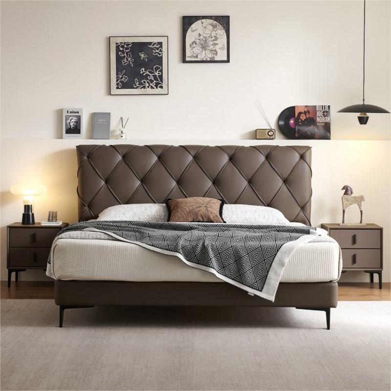 Dormitorio principal de cuero simple y moderno italiano simple cama doble de cuero de diamante