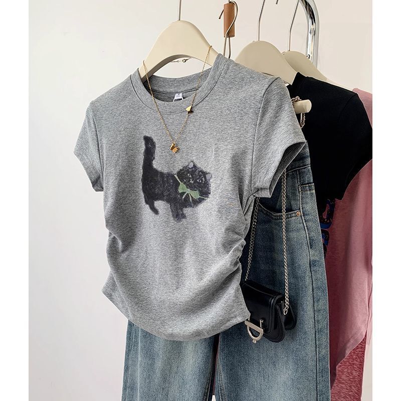 2026 New Style Gray Cat Print Short-Sleeve T-Shirt for Women, Summer Slim Fit Short Top for Petite Figures 2026 New Style Gray Cat Print Short-Sleeve T-Shirt for Women, Summer Slim Fit Short Top for Petite Figures