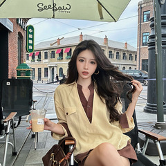 ZQ子晴 榛果拿铁＇撞色拼接假两件衬衫女秋季新款小众设计感衬衣
