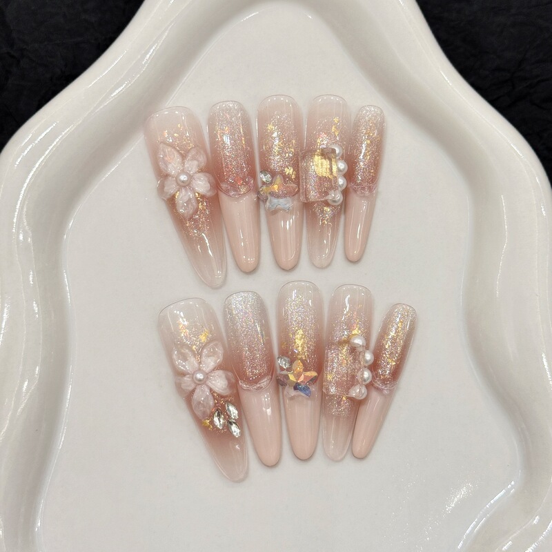 Yi He Original [Pink Dream Palpitations] Naked Pink Carved Fine Flash Manicure Handmade Removable False Nail Manicure