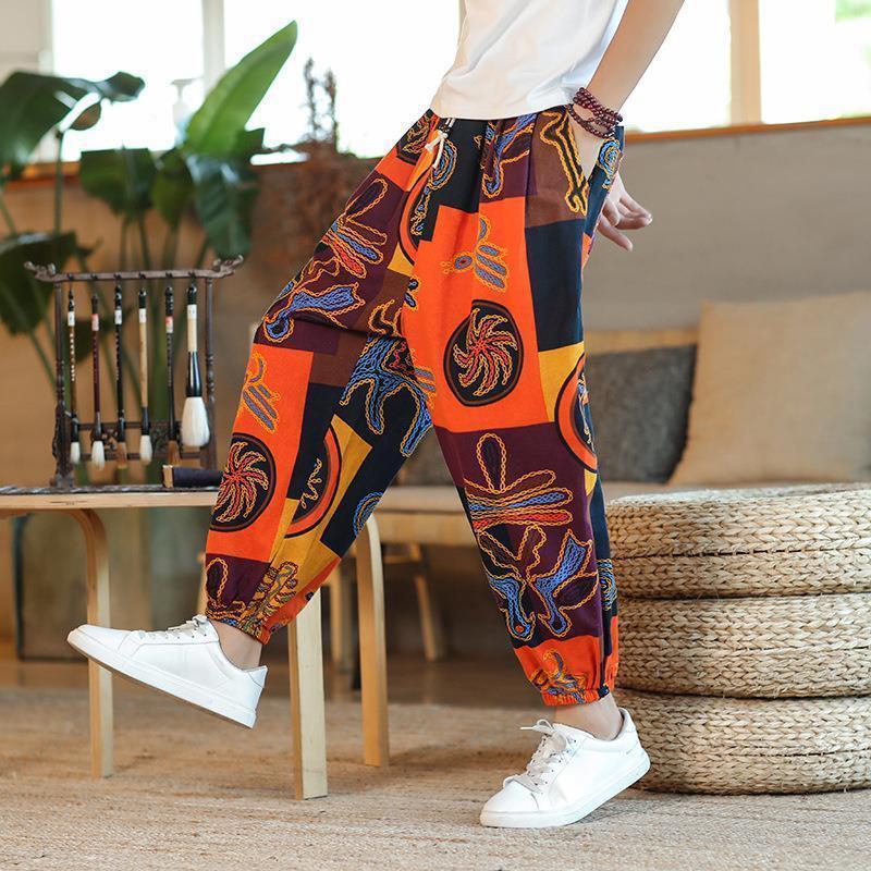 Pantalones de nueve puntos Harlan con estampado de lino y algodón suelto para hombres de estilo chino de verano, pantalones deportivos casuales de moda de gran tamaño