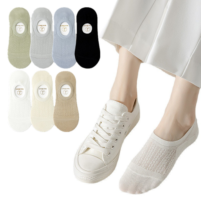 Primavera y verano delgada malla invisible calcetines antideslizantes para mujeres no se caen talones fondo de algodón sólido absorción de sudor respirable boca ligera calcetines de barco