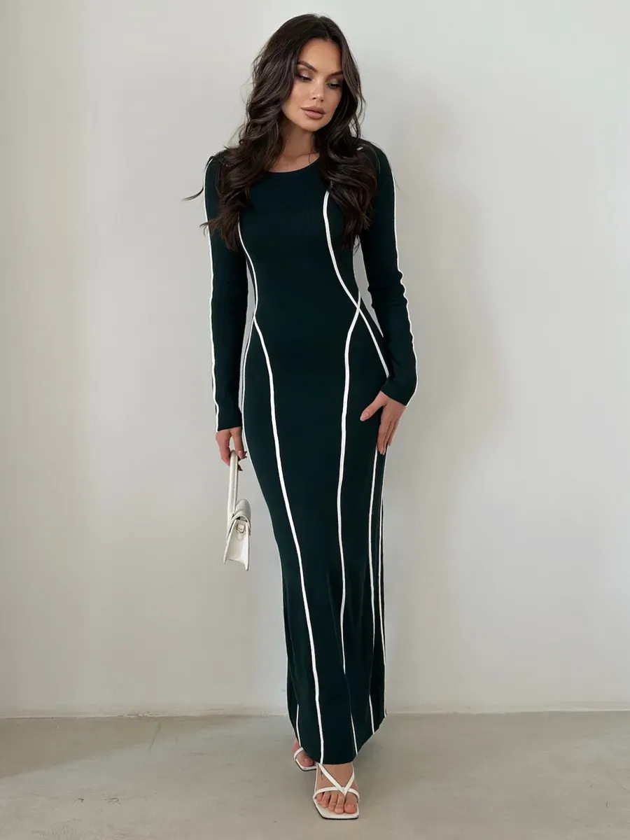 Women's Clothing High End Niche Fashion Women's Slim Long Sleeve Sweater Dress With Contrast Color Edge Stitching Waist Round Neck Style_ecoleips.com
