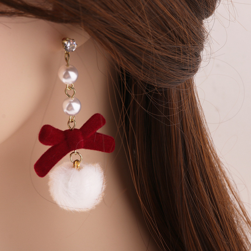 Demi-season red retro brand earrings with bow from pearl