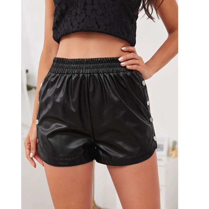 Side Button Pu Leather High Waist Slit Shorts NSML108476