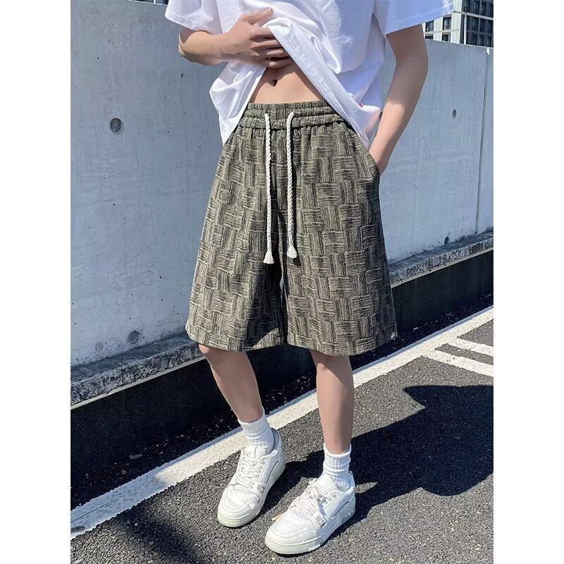 Men's beach shorts with American-style plaid print, summer casual loose-fit large-size trendy shorts for men