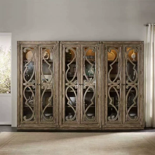 美式乡村复古做旧实木雕花餐边柜法式客厅储物柜酒柜双门展示柜