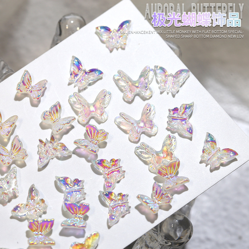 30 Nude Aurora Double-Layer Butterfly Nail Art Accessories Stereo Fantasy Nail Accessories Wearable Nail Hand-Painted Decoration