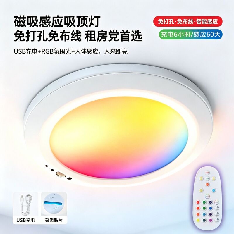 Cross-Border Hot-Selling Rgb Rechargeable Smart Automatic Motion Sensor Light, Wireless Remote Control Led Ceiling Light Without Wiring Cross-Border Hot-Selling Rgb Rechargeable Smart Automatic Motion Sensor Light, Wireless Remote Control Led Ceiling Light Without Wiring